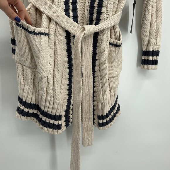 NWT CHASER Cream Navy Blue Chunky Cable Knit Waist Tie Cardigan Sweater Small - Picture 6 of 9